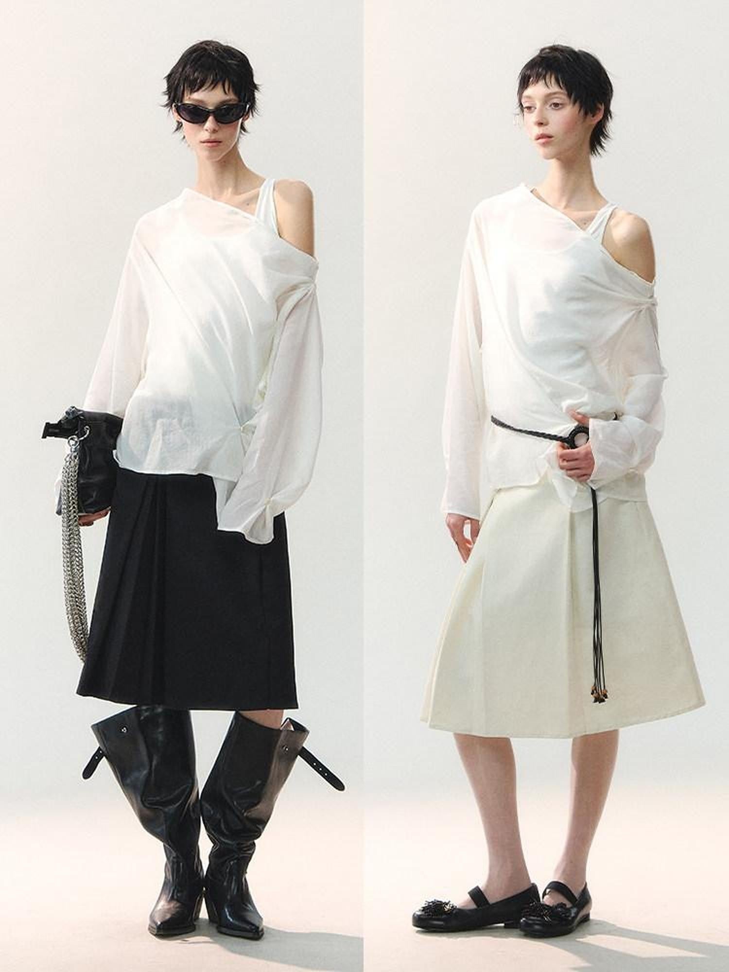AnnoMundi Sheer Asymmetric Single Side Draped Pleat Women&