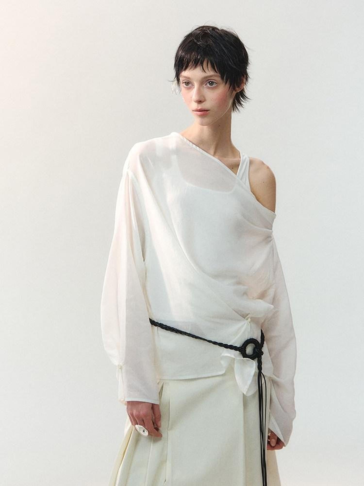 AnnoMundi Sheer Asymmetric Single Side Draped Pleat Women&