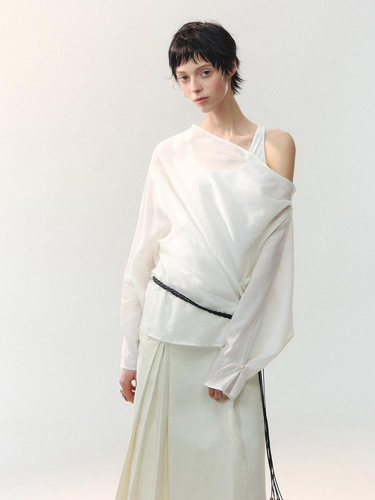 AnnoMundi Sheer Asymmetric Single Side Draped Pleat Women&