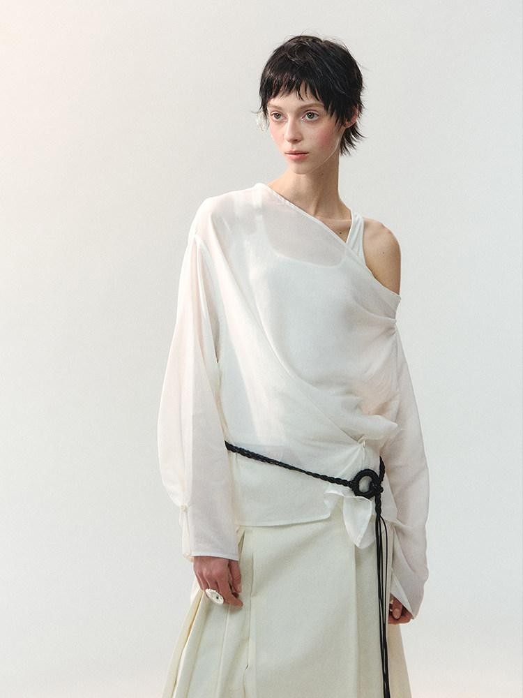 AnnoMundi Sheer Asymmetric Single Side Draped Pleat Women&