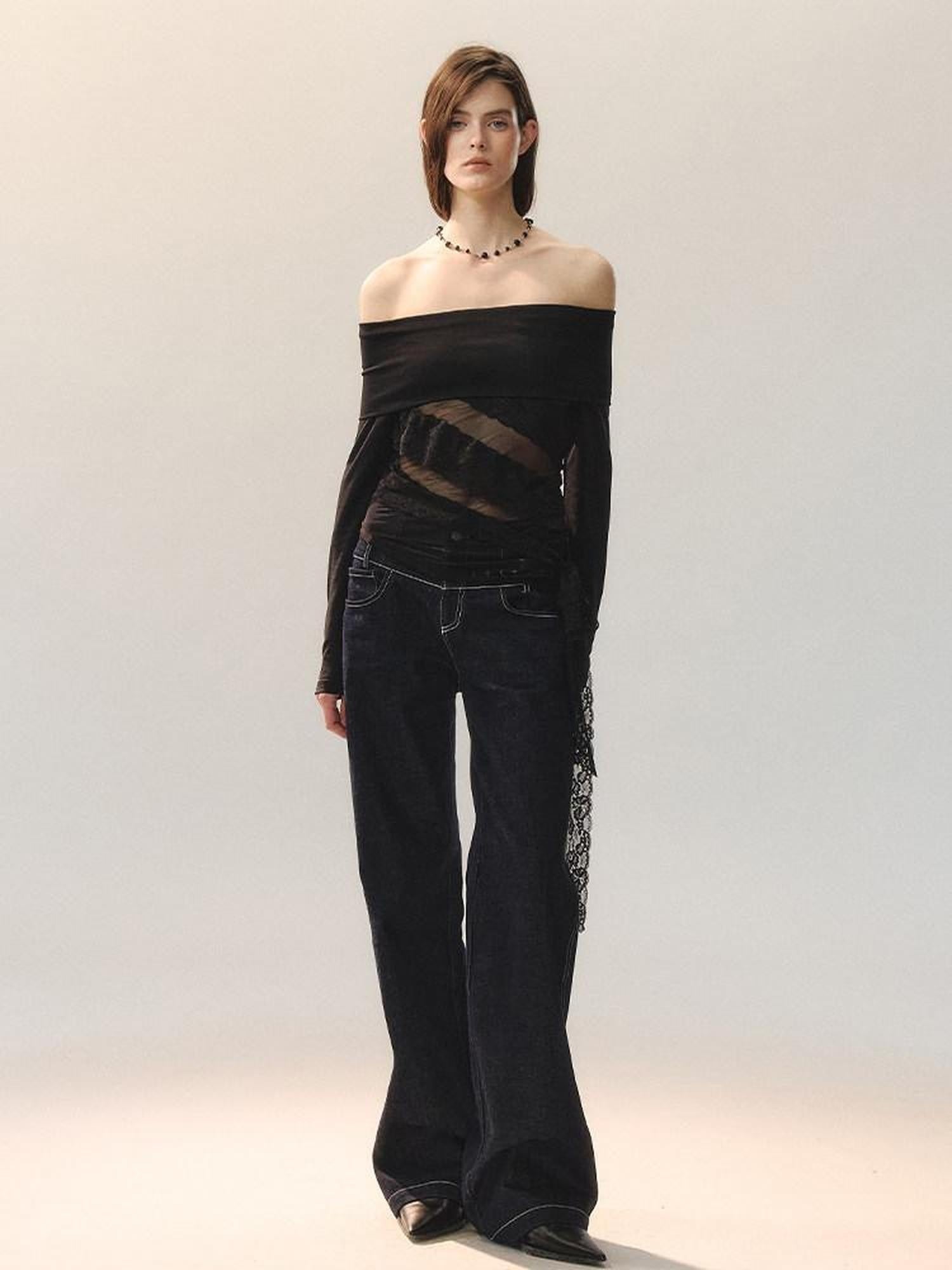 AnnoMundi Sheer Black Lace Spliced Fitted Women&