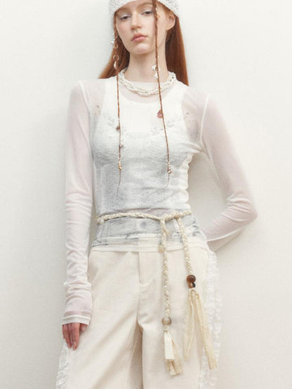AnnoMundi Sheer Floral Illusion Slim Fit White Long Sleeve Mesh Top
