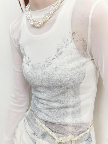 AnnoMundi Sheer Floral Illusion Slim Fit White Long Sleeve Mesh Top