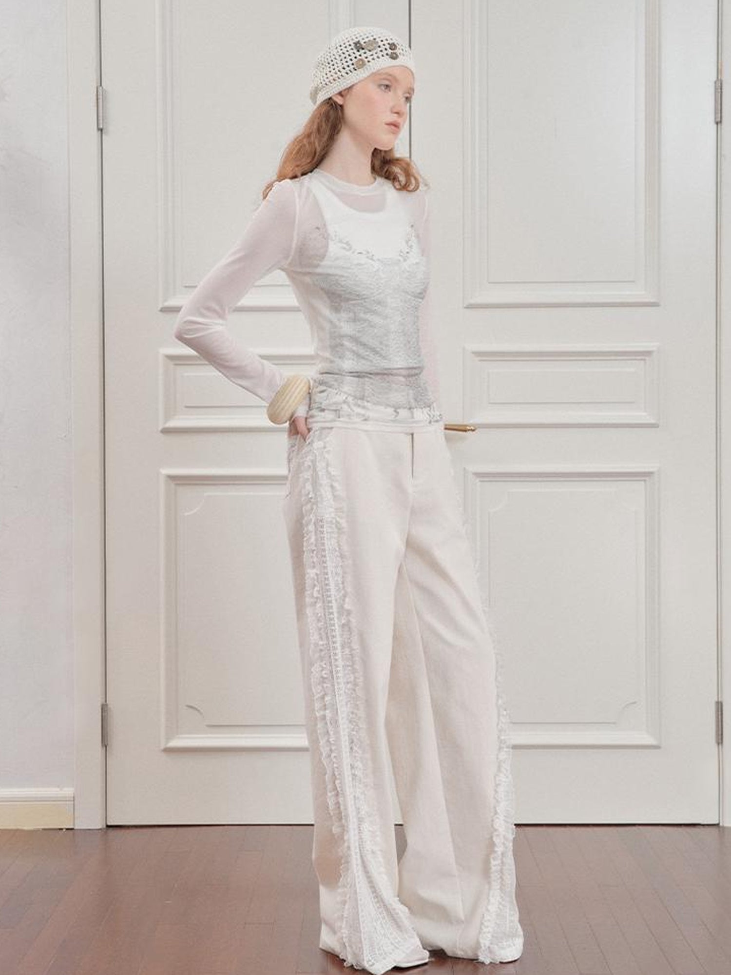 AnnoMundi Sheer Floral Illusion Slim Fit White Long Sleeve Mesh Top
