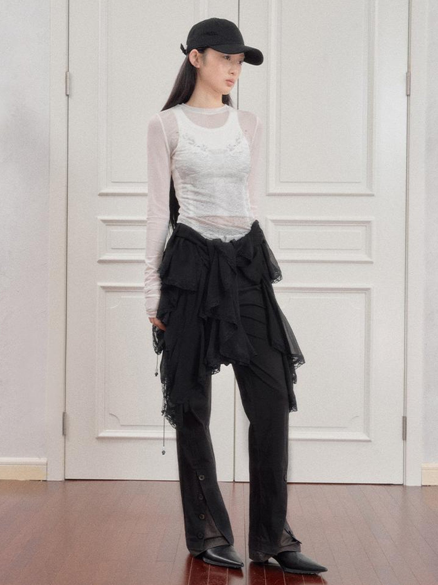 AnnoMundi Sheer Floral Illusion Slim Fit White Long Sleeve Mesh Top