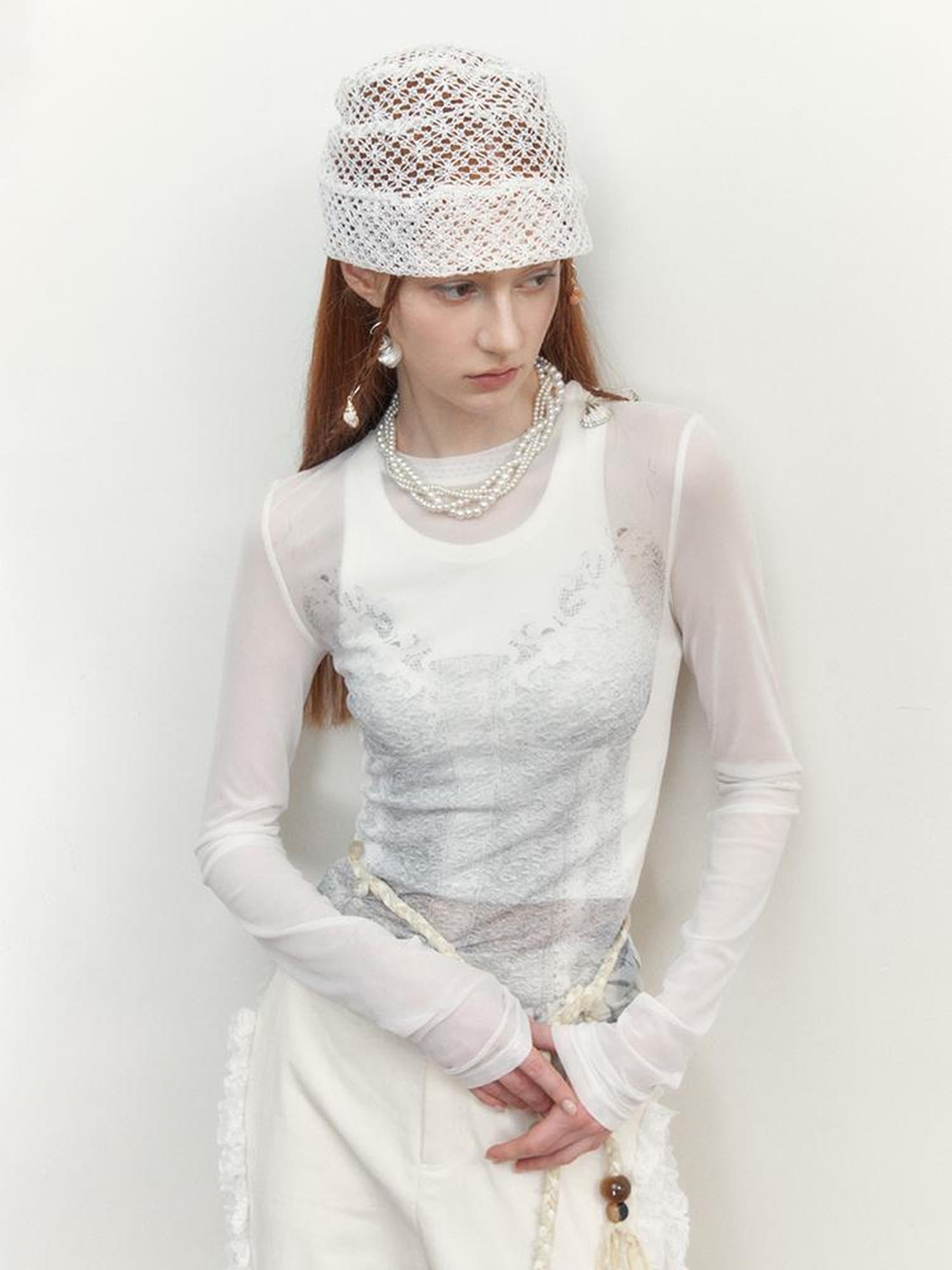 AnnoMundi Sheer Floral Illusion Slim Fit White Long Sleeve Mesh Top