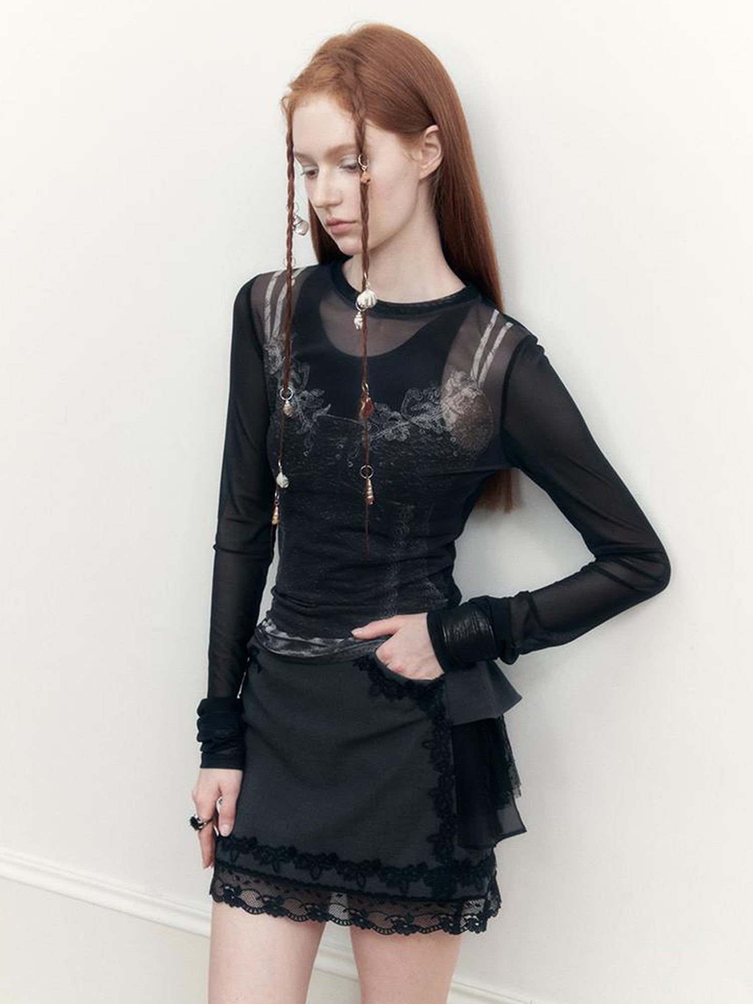 AnnoMundi Sheer Floral Illusion Slim Fit White Long Sleeve Mesh Top