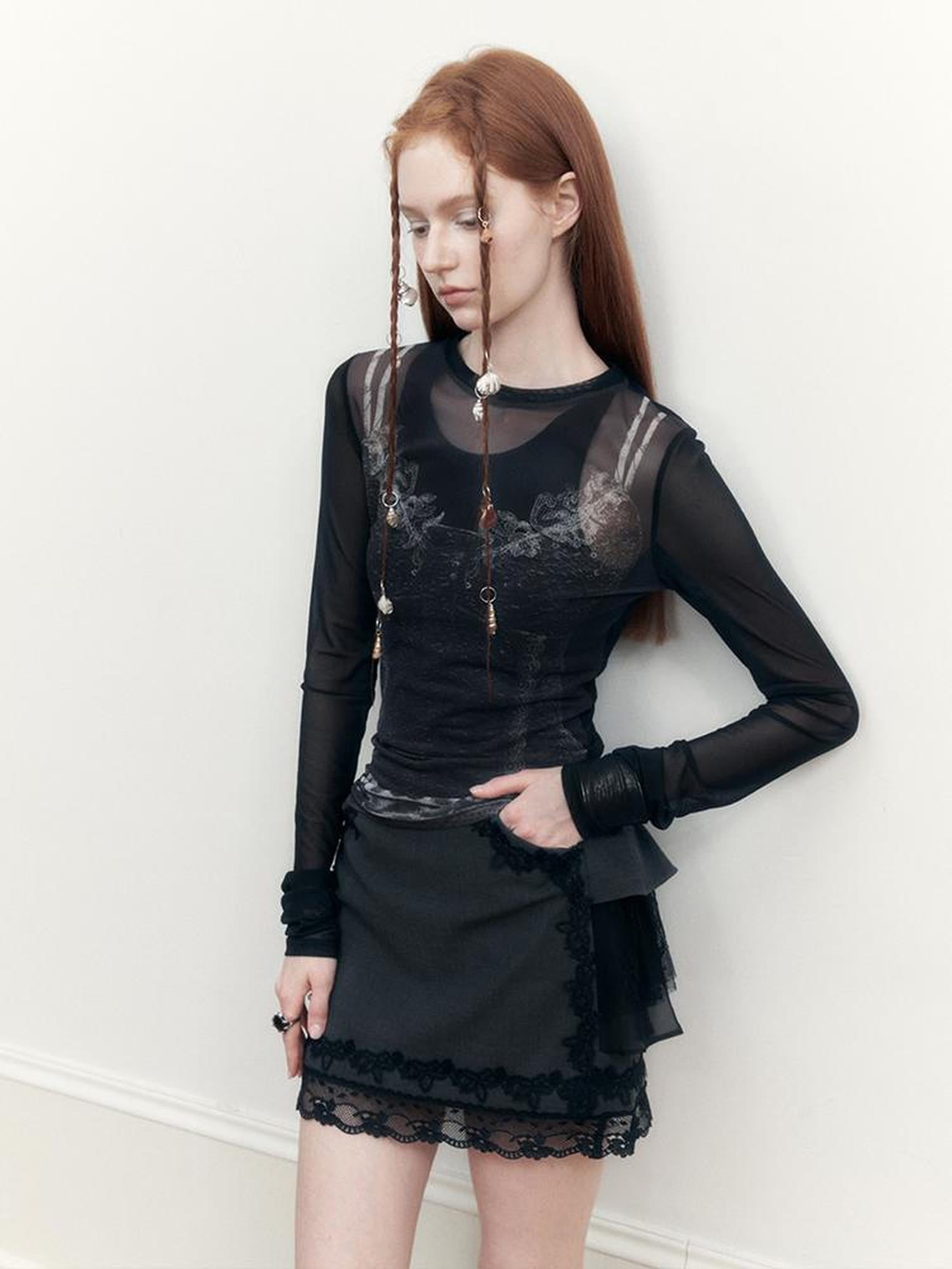 AnnoMundi Sheer Floral Illusion Slim Fit White Long Sleeve Mesh Top