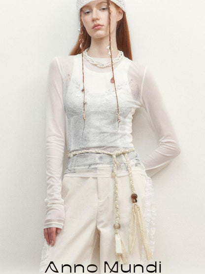 AnnoMundi Sheer Floral Illusion Slim Fit White Long Sleeve Mesh Top