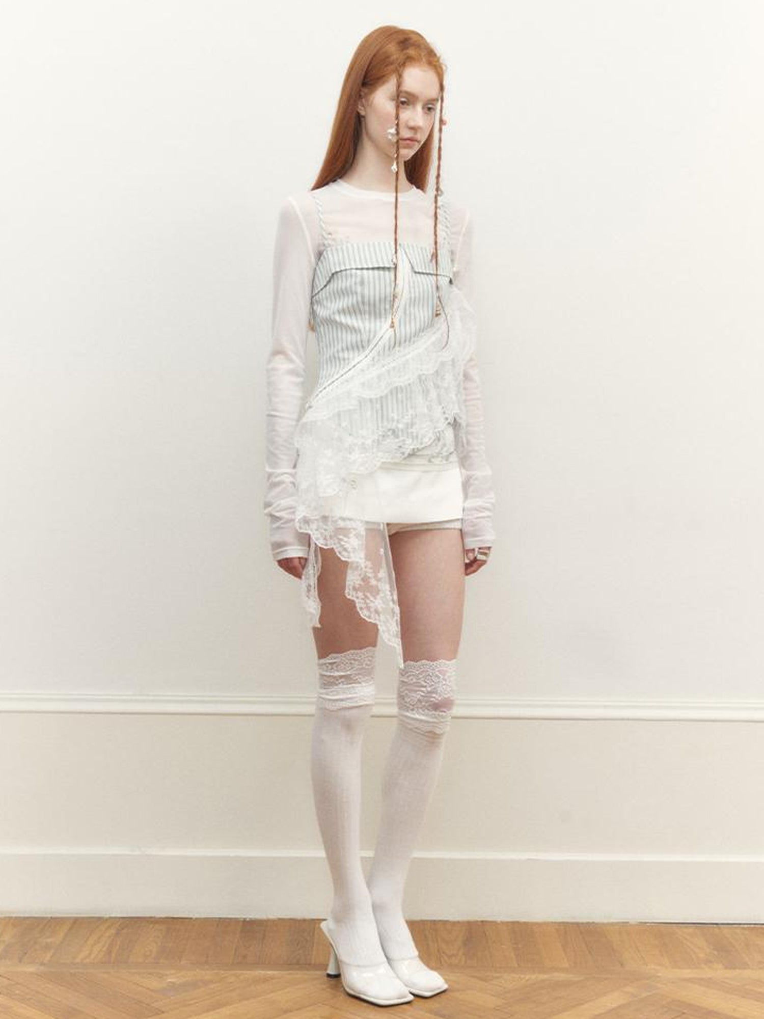 AnnoMundi Sheer Floral Illusion Slim Fit White Long Sleeve Mesh Top