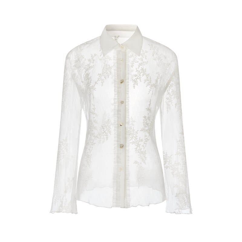 AnnoMundi Sheer Floral Ruffle Edge Turndown Collar Shell Button Women&