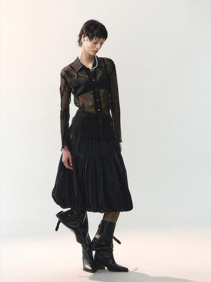 AnnoMundi Sheer Floral Ruffle Edge Turndown Collar Shell Button Women&