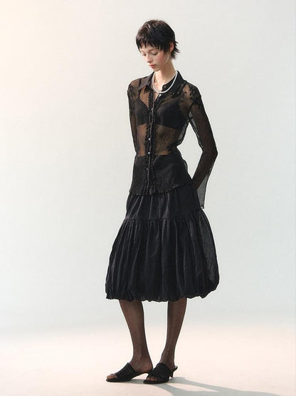 AnnoMundi Sheer Floral Ruffle Edge Turndown Collar Shell Button Women&