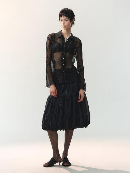 AnnoMundi Sheer Floral Ruffle Edge Turndown Collar Shell Button Women&
