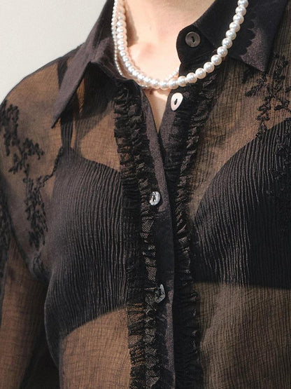 AnnoMundi Sheer Floral Ruffle Edge Turndown Collar Shell Button Women&