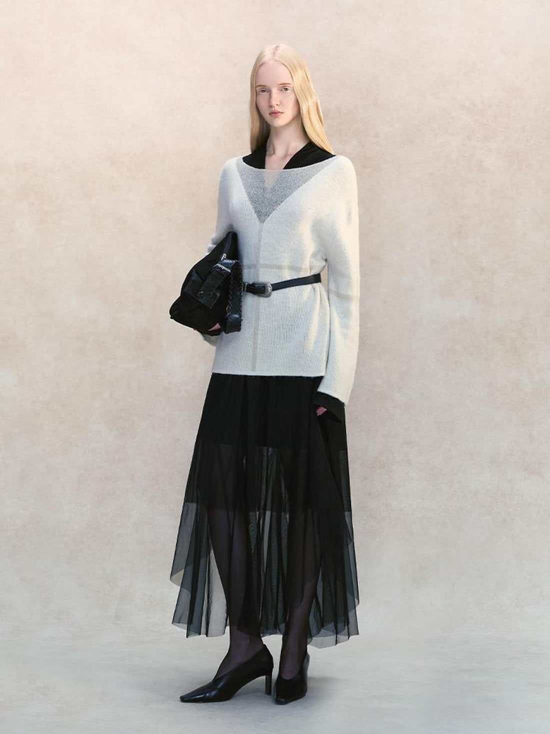AnnoMundi Sheer Knit Shadow V-neck Wool Blend Loose Fit Women&