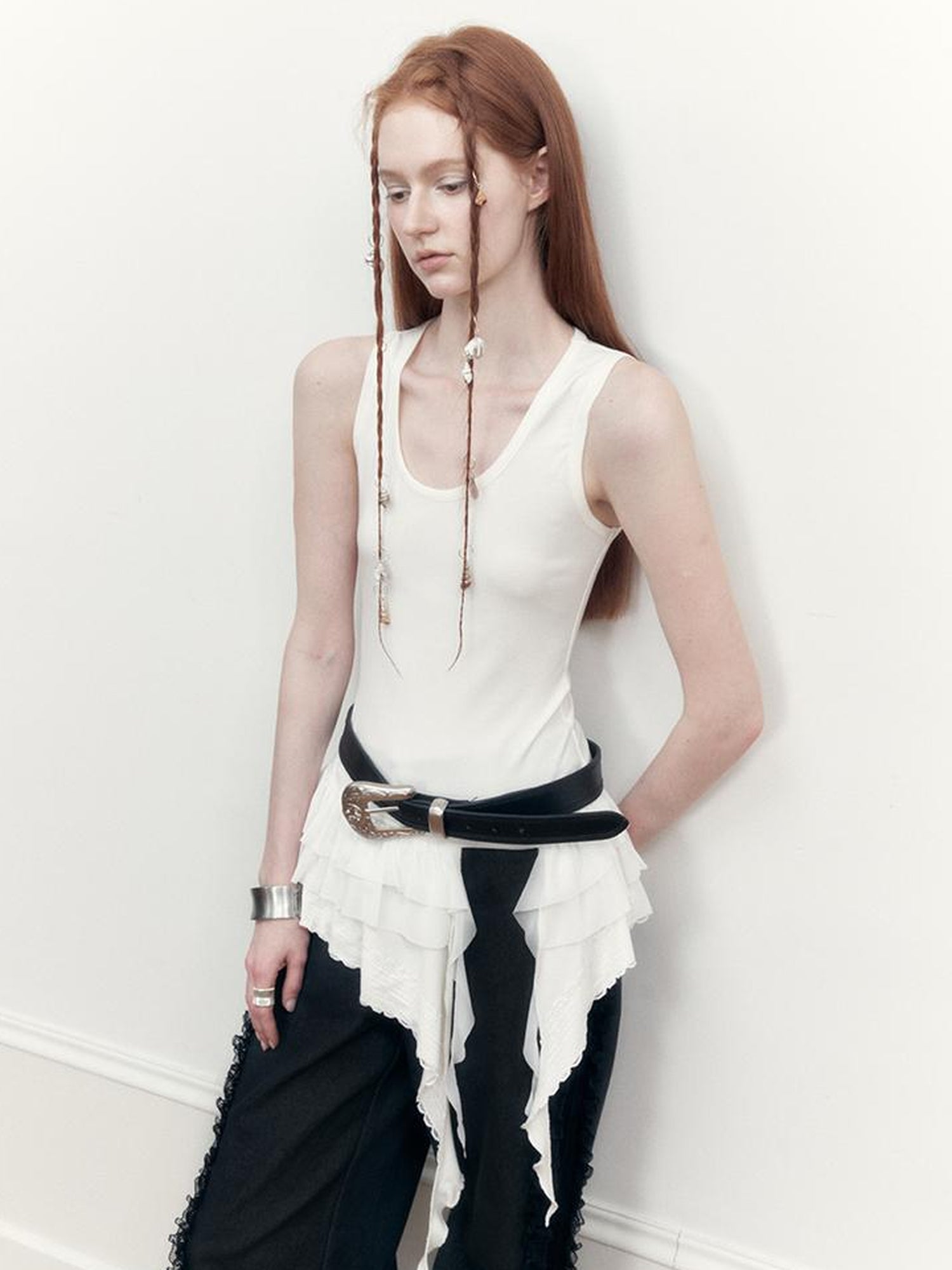 AnnoMundi Sheer Lace Trimmed Layered Mesh Camisole V-Neck T-Shirt Long-Sleeve