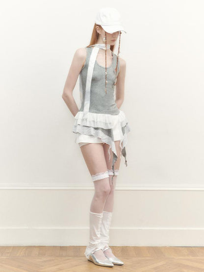 AnnoMundi Sheer Lace Trimmed Layered Mesh Camisole V-Neck T-Shirt Long-Sleeve