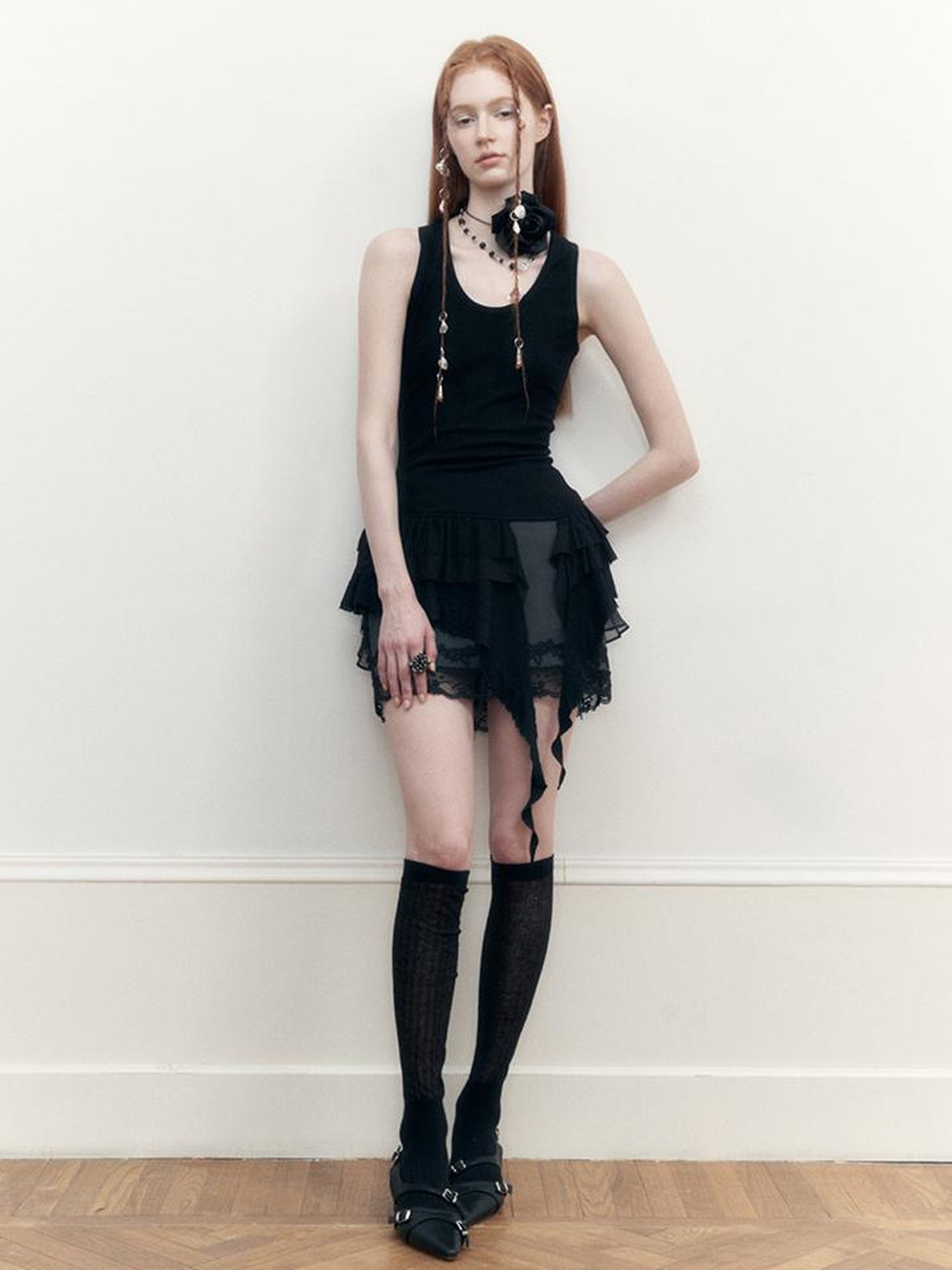 AnnoMundi Sheer Lace Trimmed Layered Mesh Camisole V-Neck T-Shirt Long-Sleeve