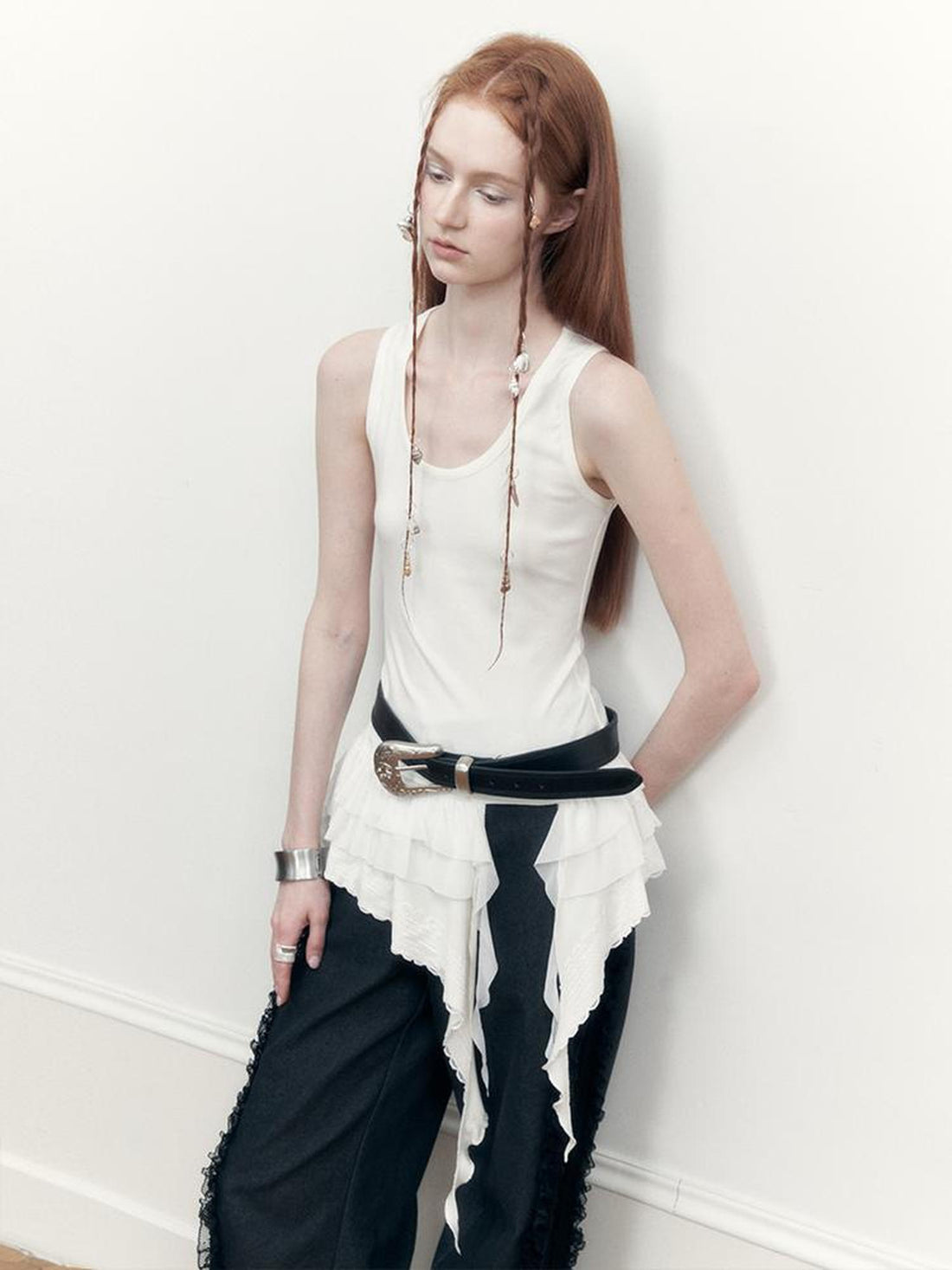 AnnoMundi Sheer Lace Trimmed Layered Mesh Camisole V-Neck T-Shirt Long-Sleeve