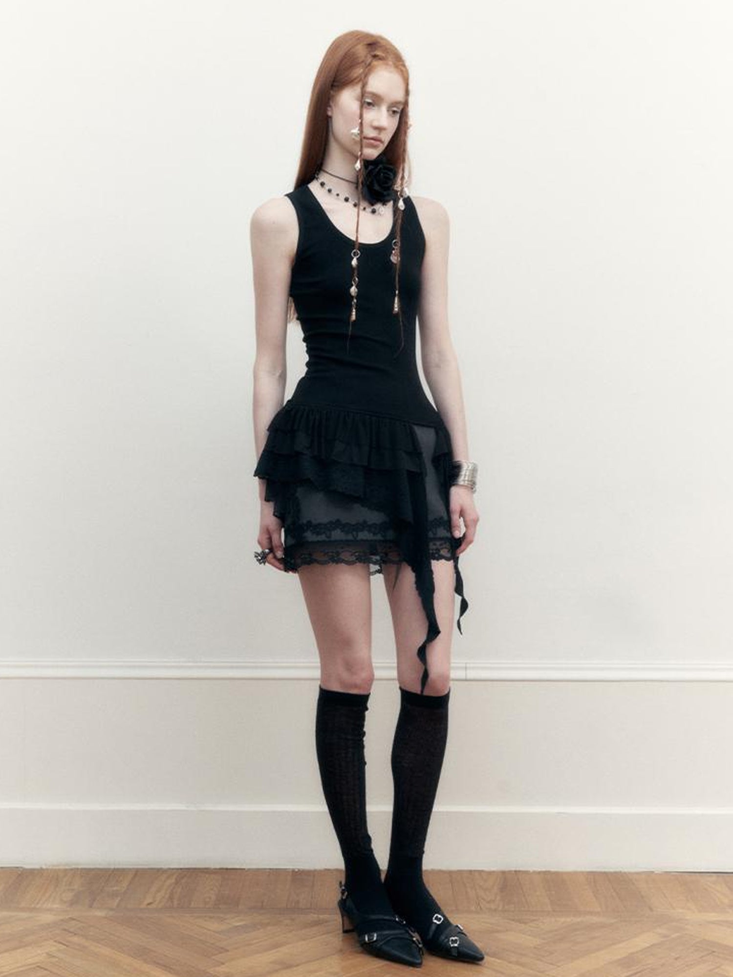 AnnoMundi Sheer Lace Trimmed Layered Mesh Camisole V-Neck T-Shirt Long-Sleeve