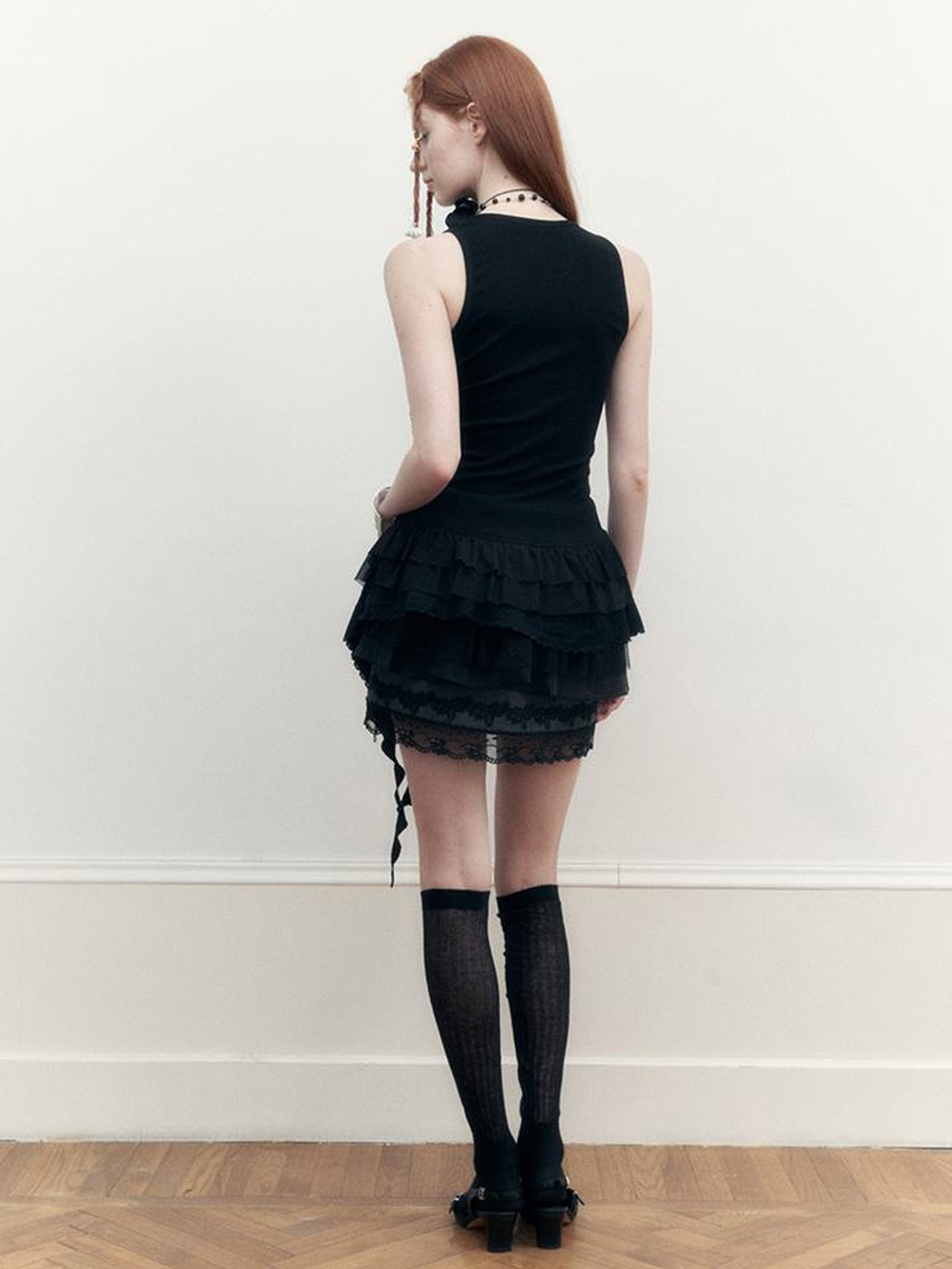 AnnoMundi Sheer Lace Trimmed Layered Mesh Camisole V-Neck T-Shirt Long-Sleeve