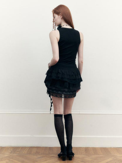 AnnoMundi Sheer Lace Trimmed Layered Mesh Camisole V-Neck T-Shirt Long-Sleeve