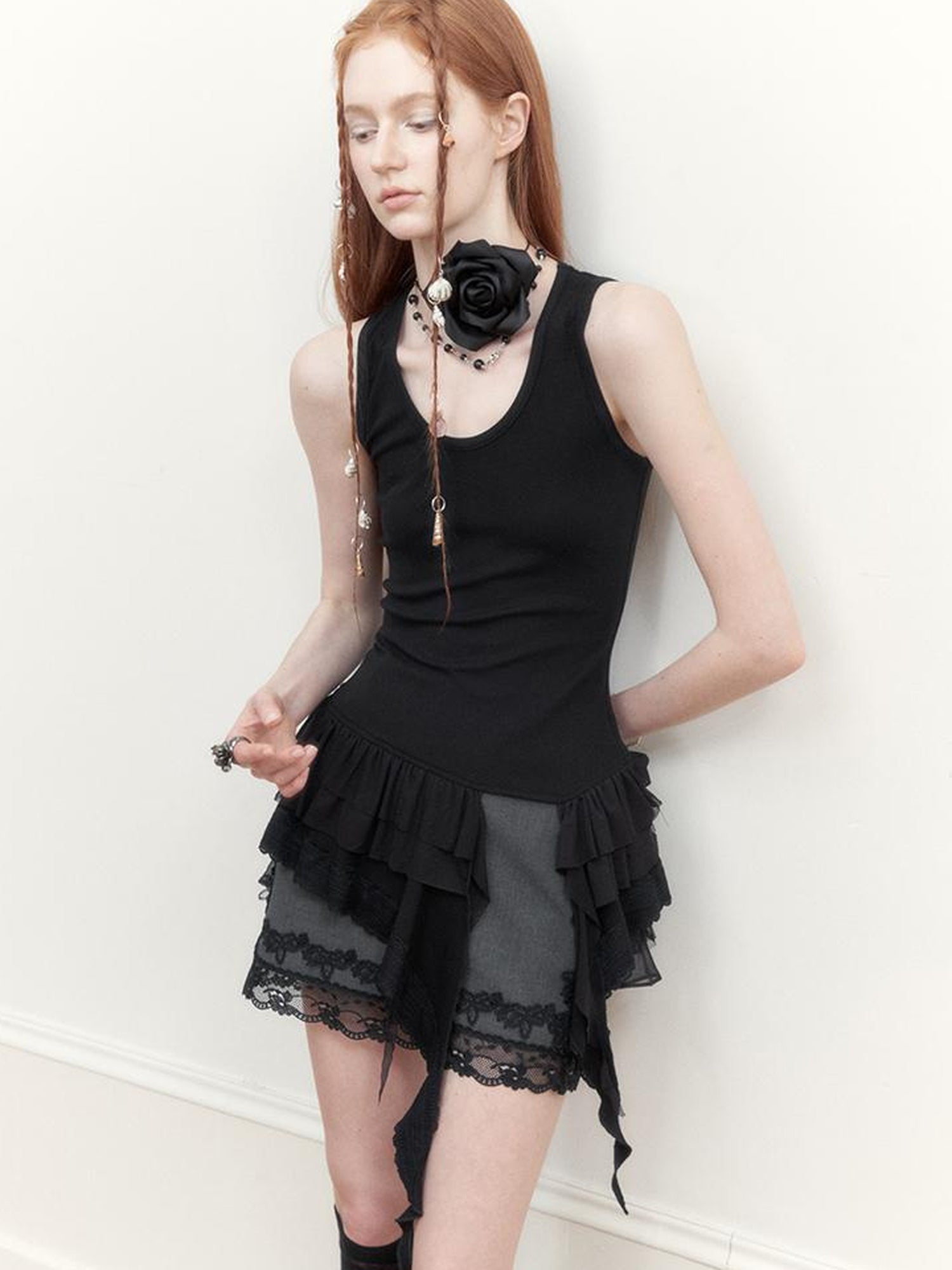 AnnoMundi Sheer Lace Trimmed Layered Mesh Camisole V-Neck T-Shirt Long-Sleeve