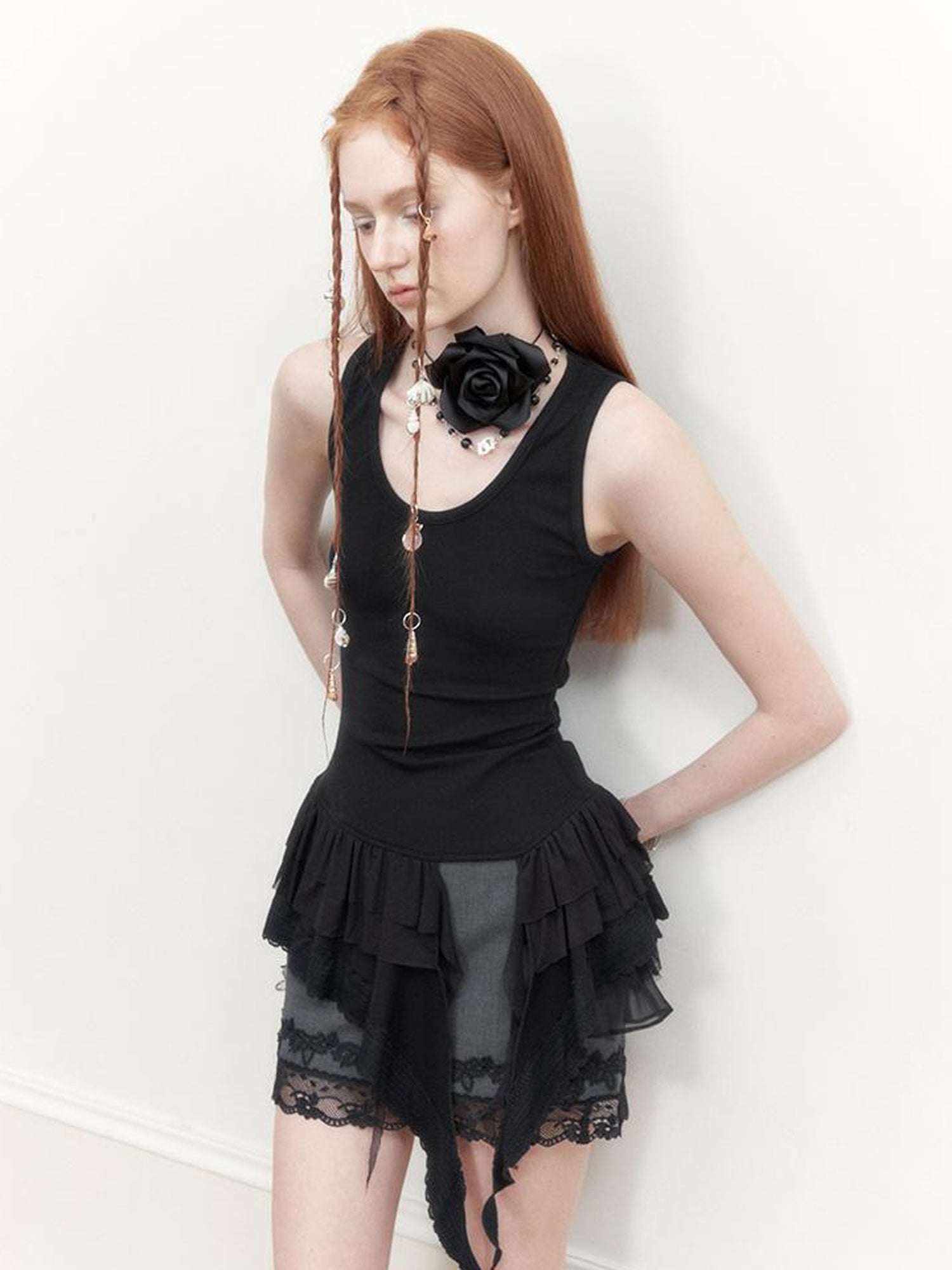 AnnoMundi Sheer Lace Trimmed Layered Mesh Camisole V-Neck T-Shirt Long-Sleeve