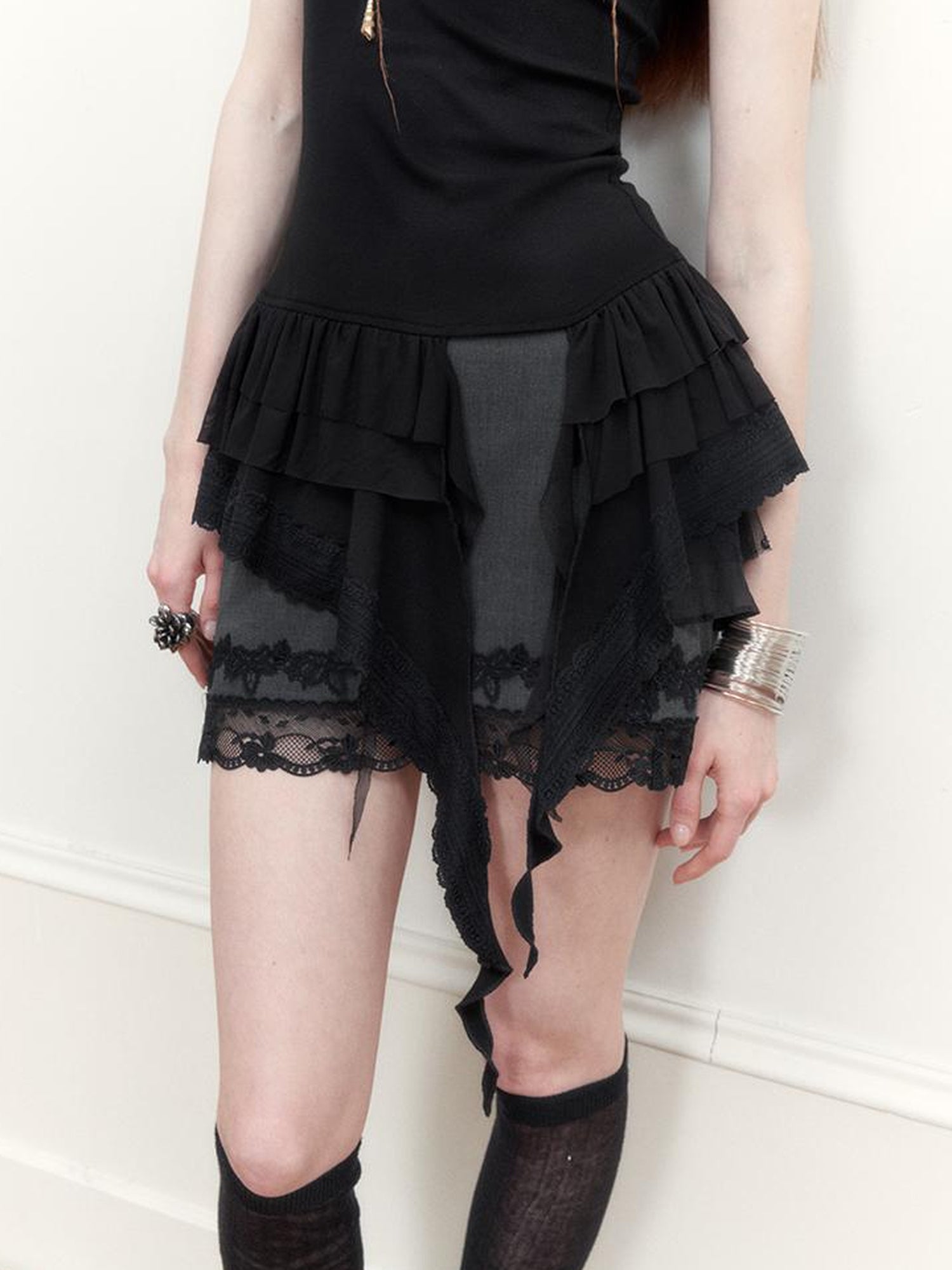 AnnoMundi Sheer Lace Trimmed Layered Mesh Camisole V-Neck T-Shirt Long-Sleeve