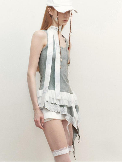 AnnoMundi Sheer Lace Trimmed Layered Mesh Camisole V-Neck T-Shirt Long-Sleeve
