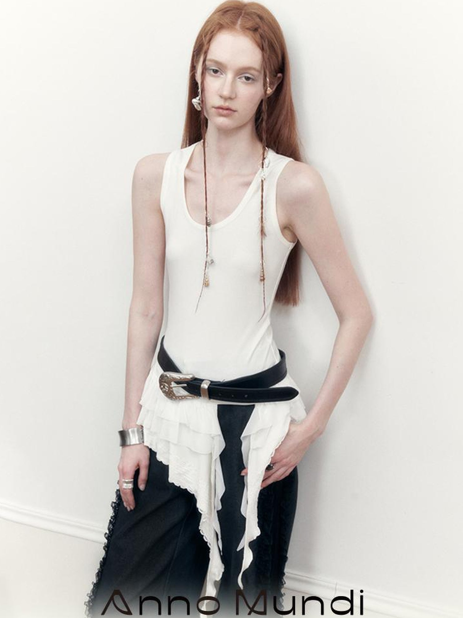 AnnoMundi Sheer Lace Trimmed Layered Mesh Camisole V-Neck T-Shirt Long-Sleeve