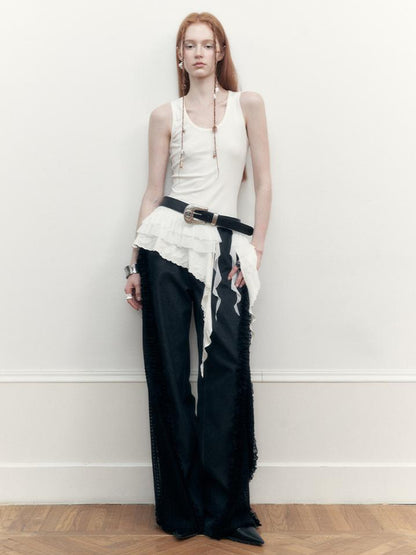 AnnoMundi Sheer Lace Trimmed Layered Mesh Camisole V-Neck T-Shirt Long-Sleeve
