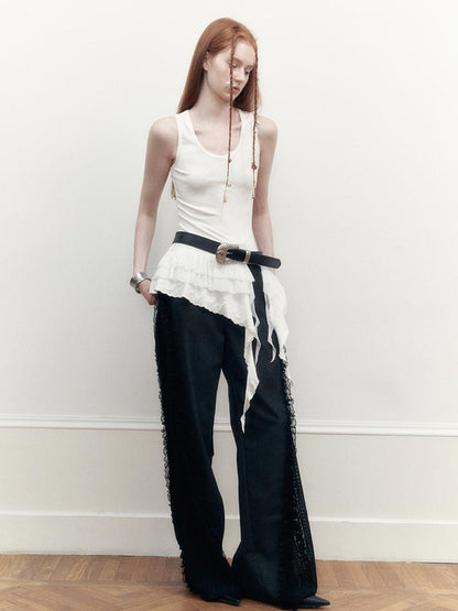 AnnoMundi Sheer Lace Trimmed Layered Mesh Camisole V-Neck T-Shirt Long-Sleeve