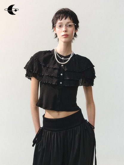 AnnoMundi Sheer Layered Lace Trim Vintage Shawl Style Crop Women&