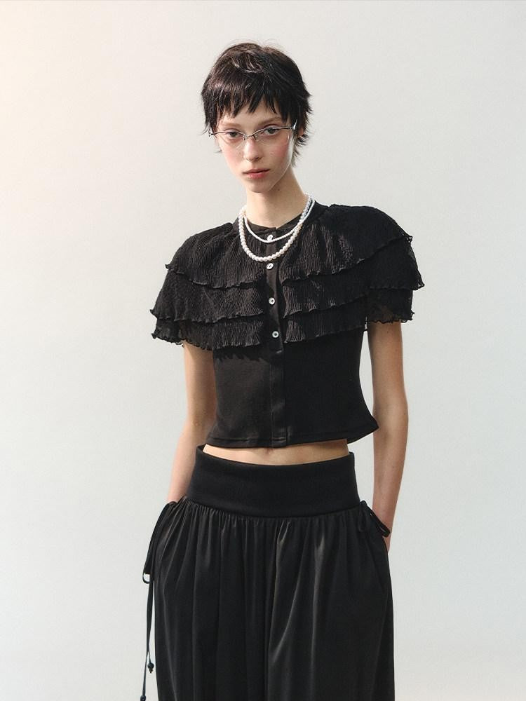 AnnoMundi Sheer Layered Lace Trim Vintage Shawl Style Crop Women&