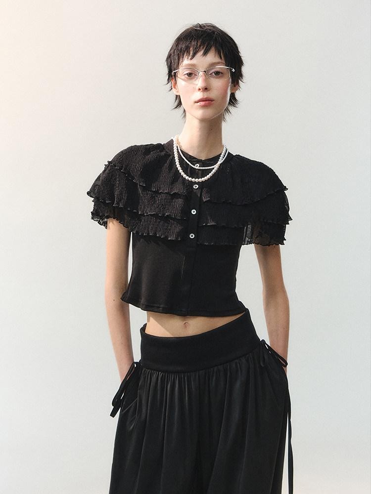 AnnoMundi Sheer Layered Lace Trim Vintage Shawl Style Crop Women&