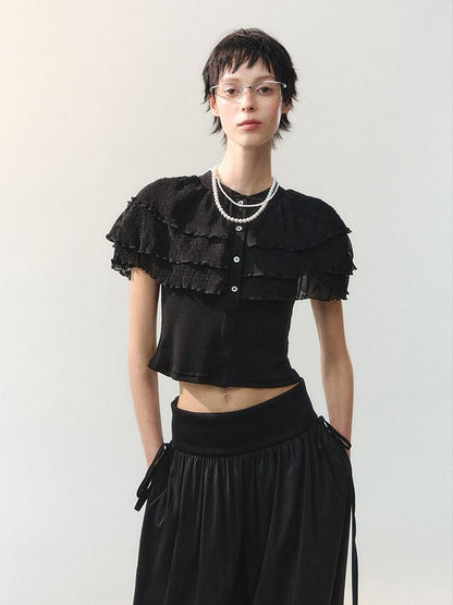 AnnoMundi Sheer Layered Lace Trim Vintage Shawl Style Crop Women&