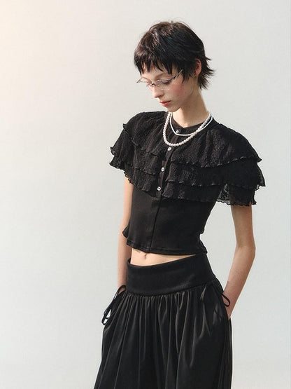 AnnoMundi Sheer Layered Lace Trim Vintage Shawl Style Crop Women&
