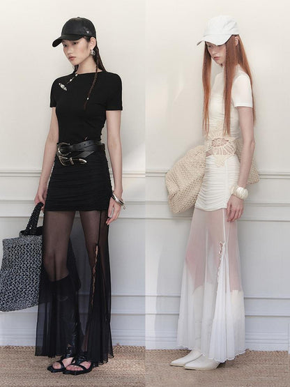 AnnoMundi Sheer Pleated Mermaid Skirt with Asymmetrical Hem