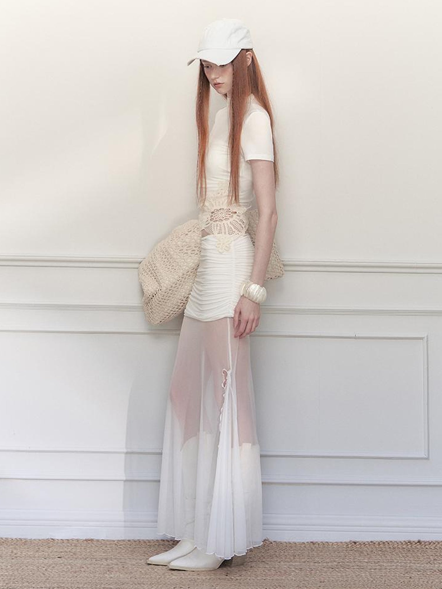 AnnoMundi Sheer Pleated Mermaid Skirt with Asymmetrical Hem