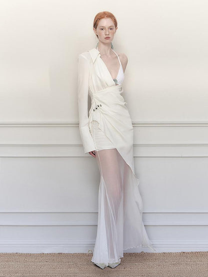 AnnoMundi Sheer Pleated Mermaid Skirt with Asymmetrical Hem