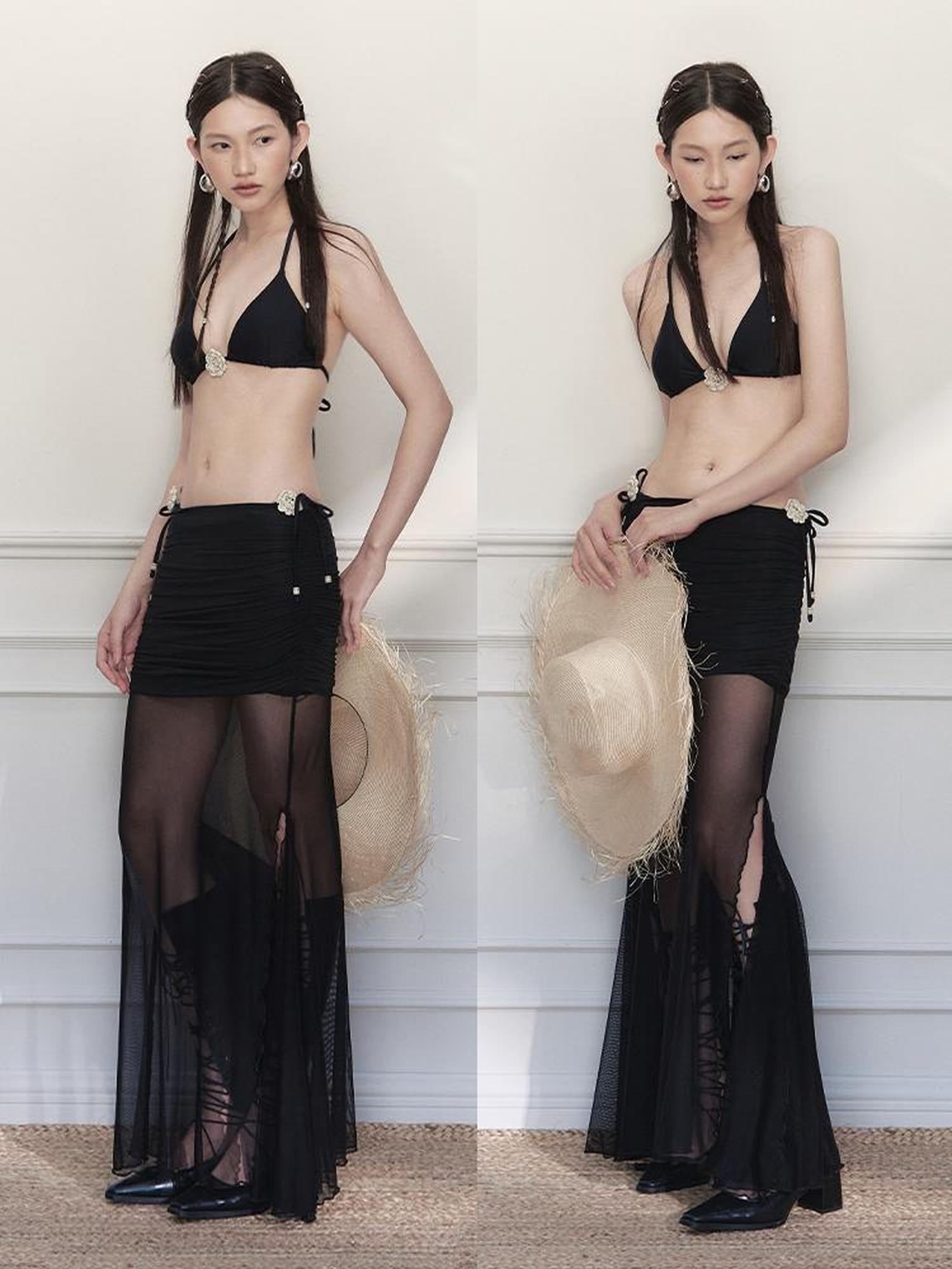 AnnoMundi Sheer Pleated Mermaid Skirt with Asymmetrical Hem