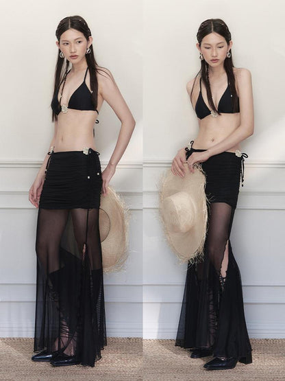 AnnoMundi Sheer Pleated Mermaid Skirt with Asymmetrical Hem