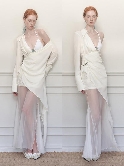 AnnoMundi Sheer Pleated Mermaid Skirt with Asymmetrical Hem