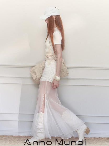AnnoMundi Sheer Pleated Mermaid Skirt with Asymmetrical Hem