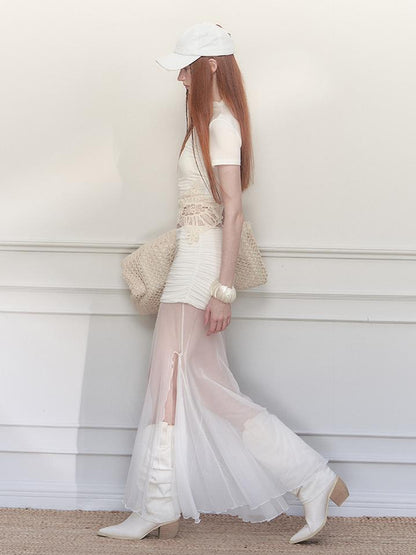 AnnoMundi Sheer Pleated Mermaid Skirt with Asymmetrical Hem