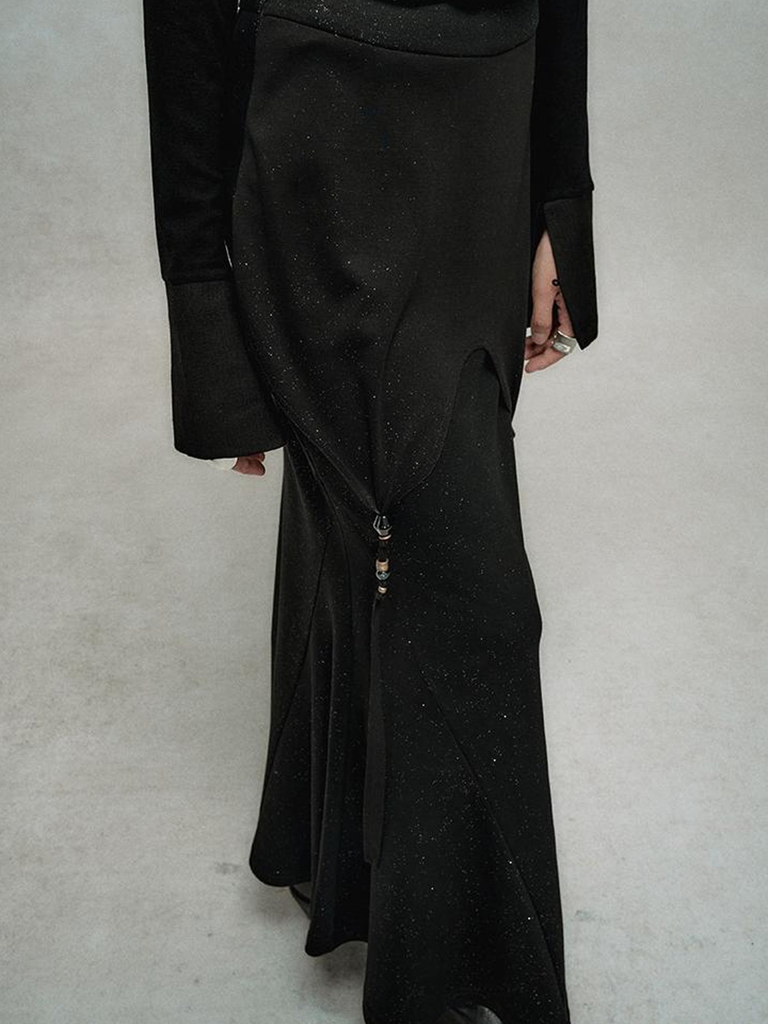 AnnoMundi Silver Sparkle Stretch Knit Mermaid Skirt With Beaded Streamers