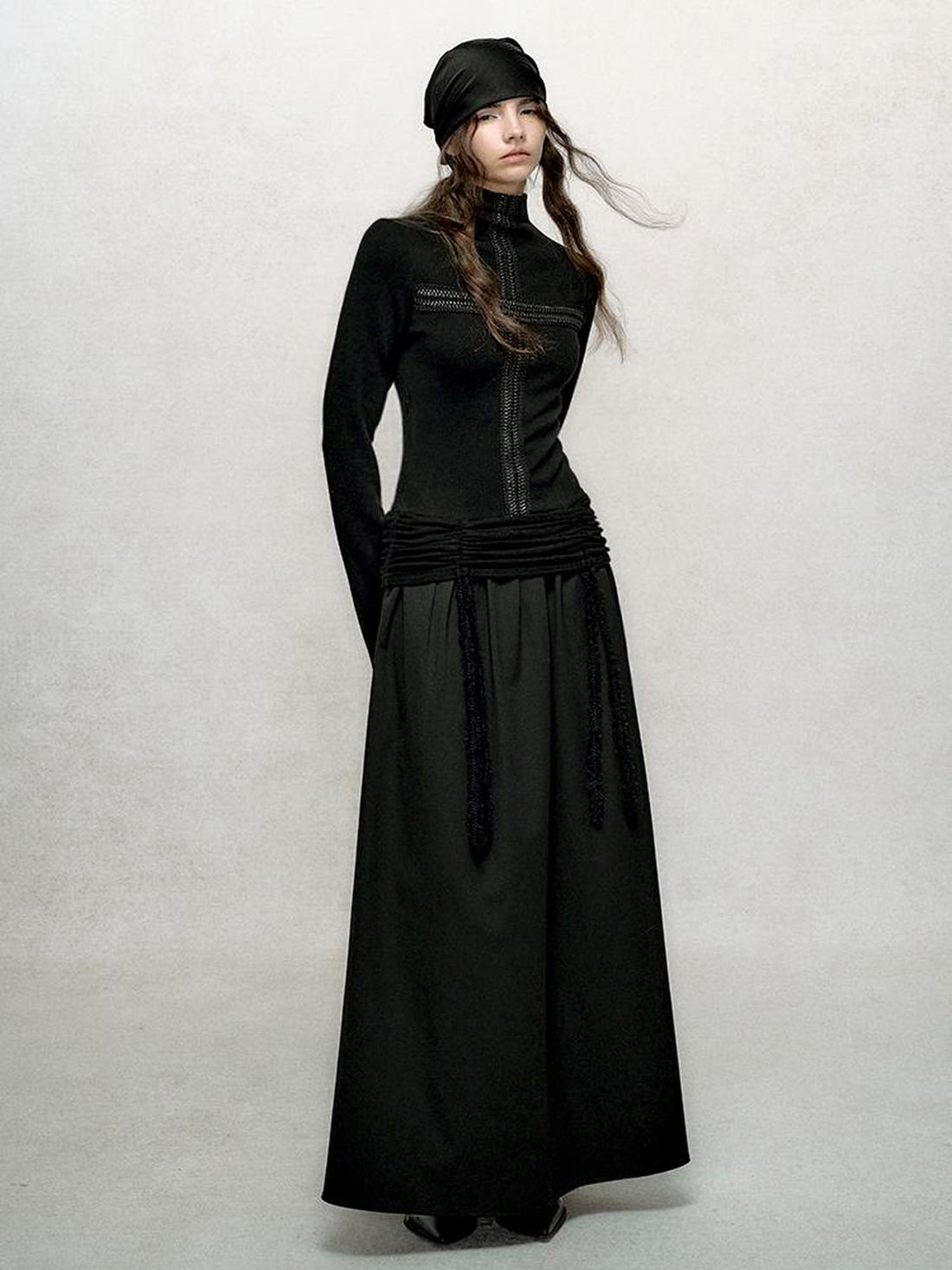 AnnoMundi Slim Fit High Neck Ribbed Knit Dress With Ruffle Detail