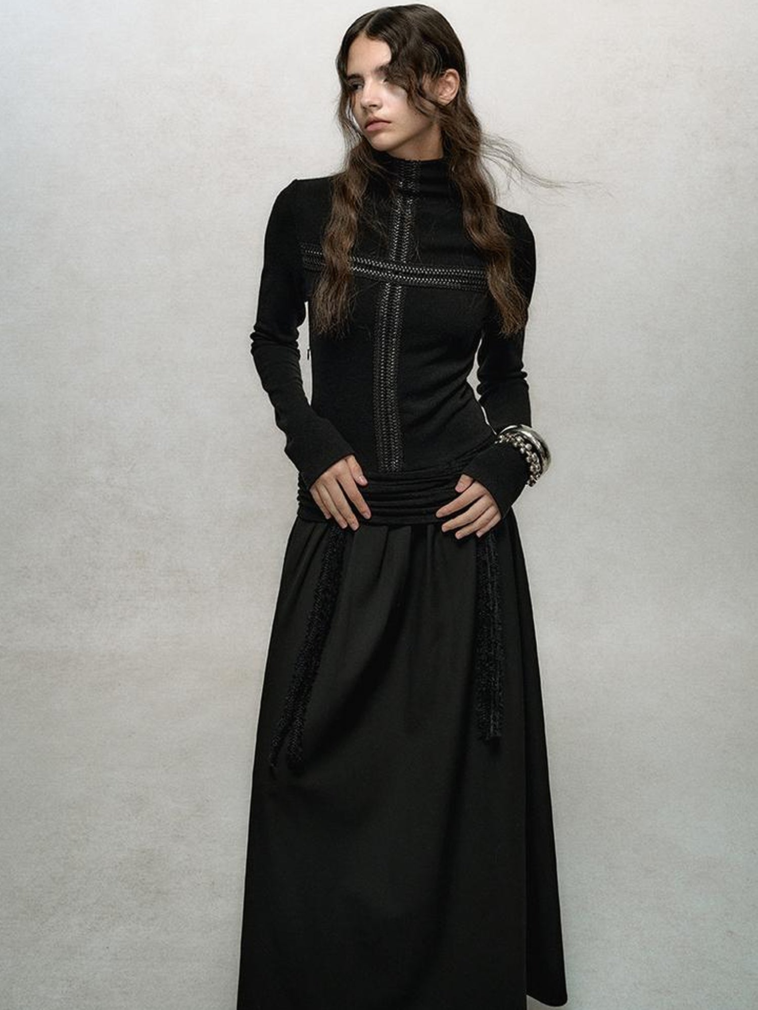 AnnoMundi Slim Fit High Neck Ribbed Knit Dress With Ruffle Detail